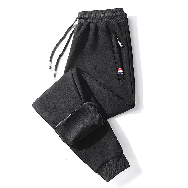 Men's casual loose straight-leg cotton-look sweatpants with fleece lining in black, front view