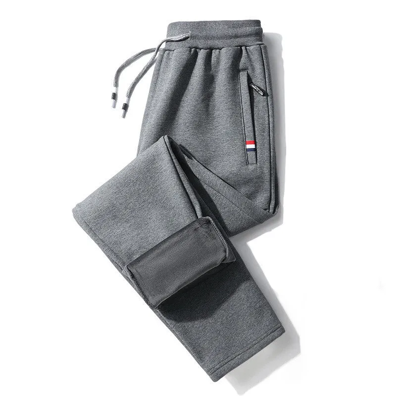 Men's casual loose straight-leg cotton-look sweatpants with fleece lining in black, front view
