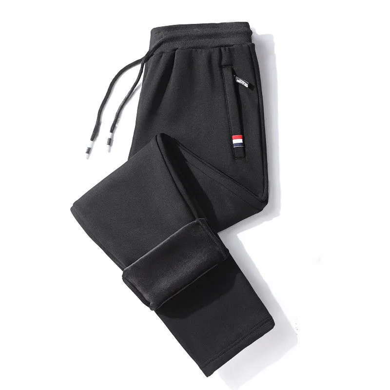 Men's casual loose straight-leg cotton-look sweatpants with fleece lining in black, front view