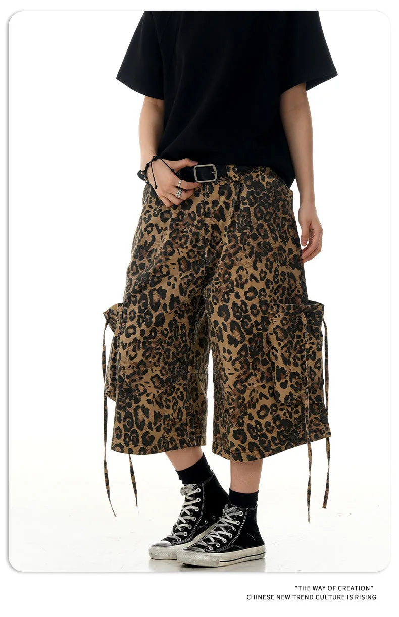 Women's leopard print cotton trousers with high waist and straight leg cropped design