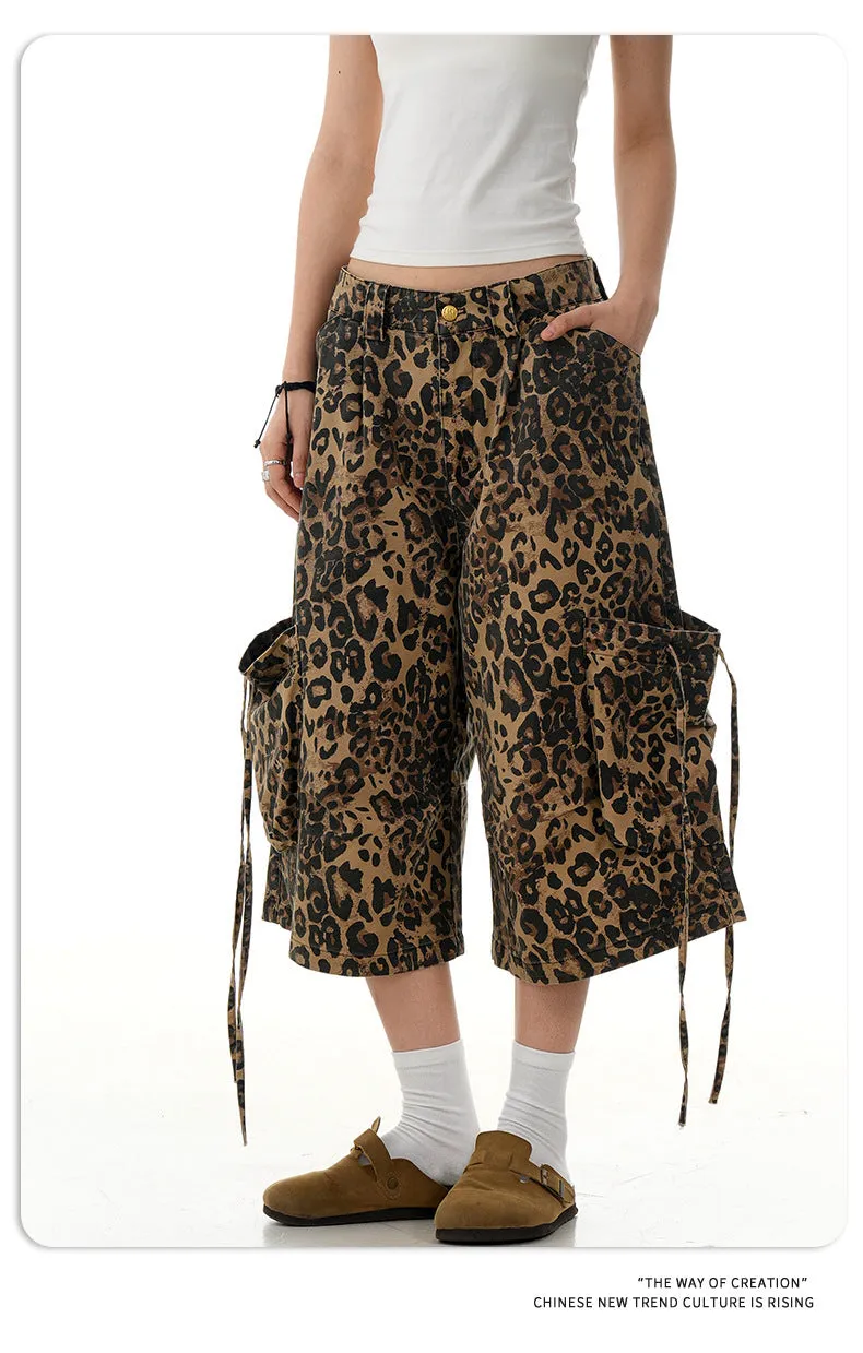 Women's leopard print cotton trousers with high waist and straight leg cropped design
