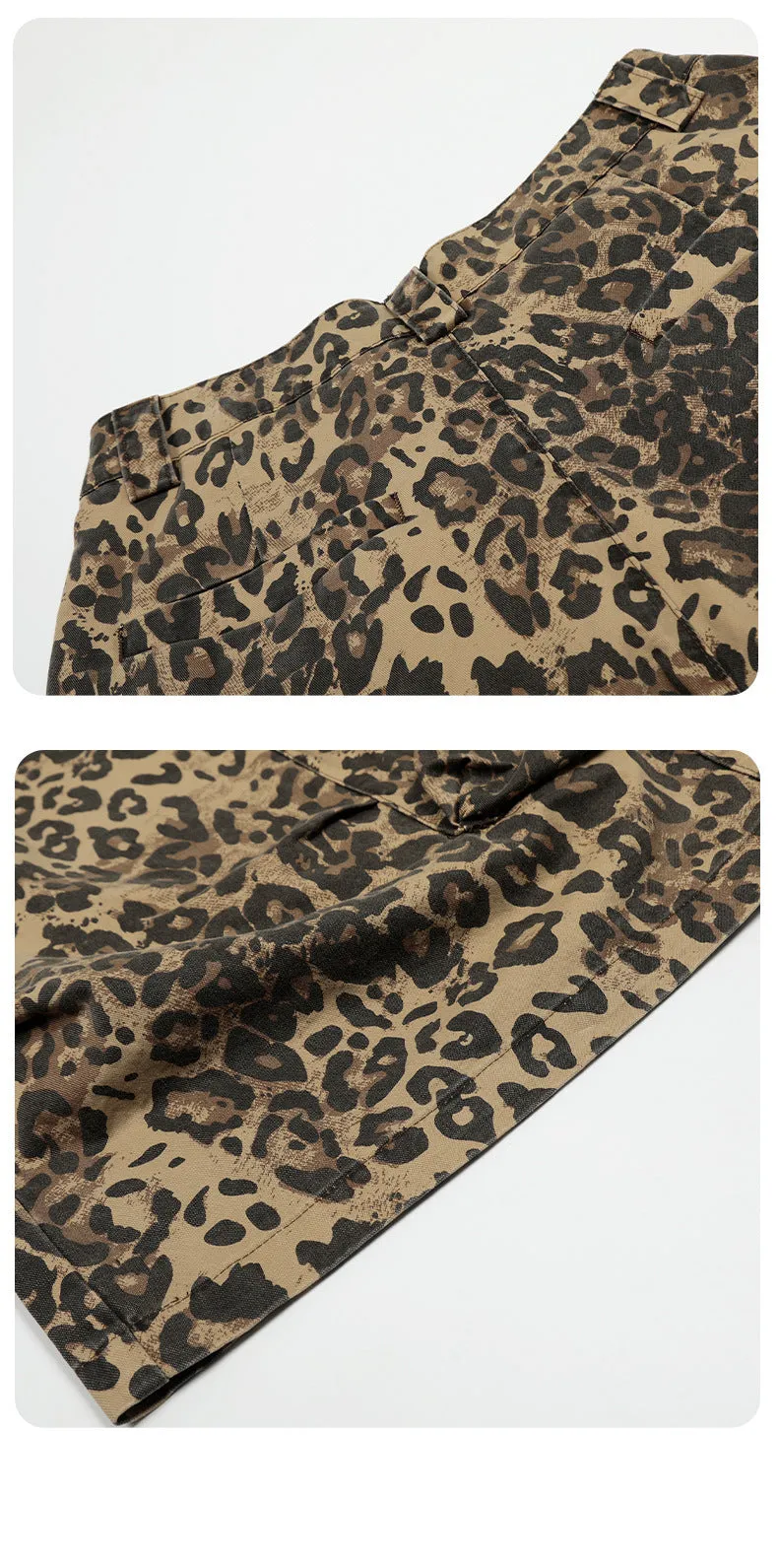 Women's leopard print cotton trousers with high waist and straight leg cropped design