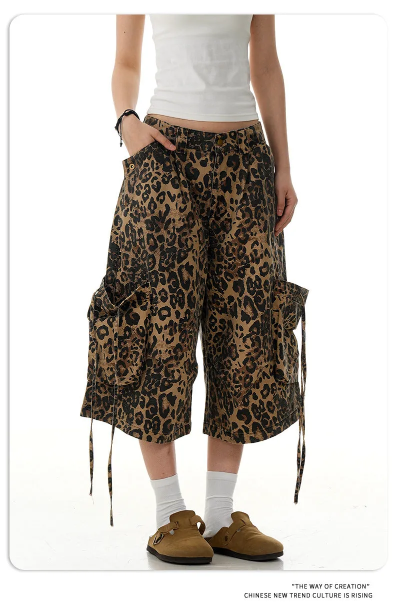 Women's leopard print cotton trousers with high waist and straight leg cropped design