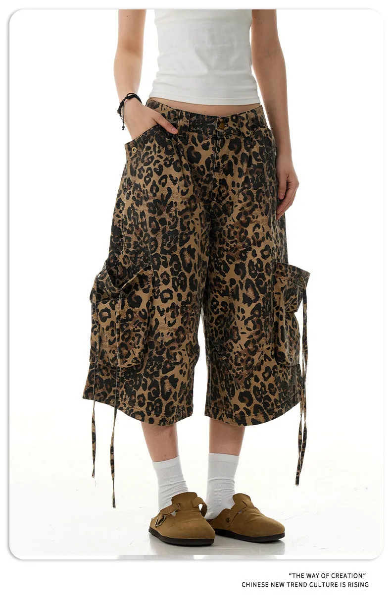 Women's leopard print cotton trousers with high waist and straight leg cropped design
