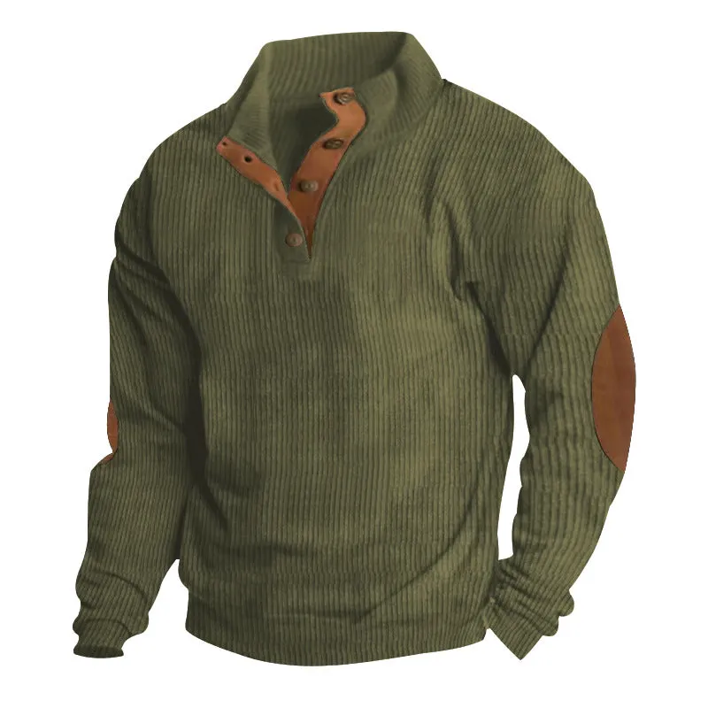Men's casual stand-collar long sleeve pullover sweatshirt in loose fit, solid colour, polyester fabric
