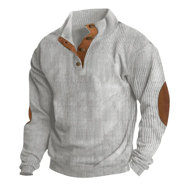 Men's casual stand-collar long sleeve pullover sweatshirt in loose fit, solid colour, polyester fabric