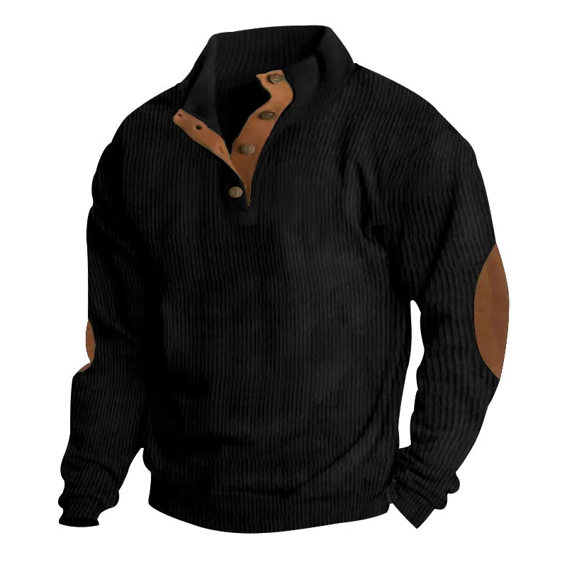 Men's casual stand-collar long sleeve pullover sweatshirt in loose fit, solid colour, polyester fabric