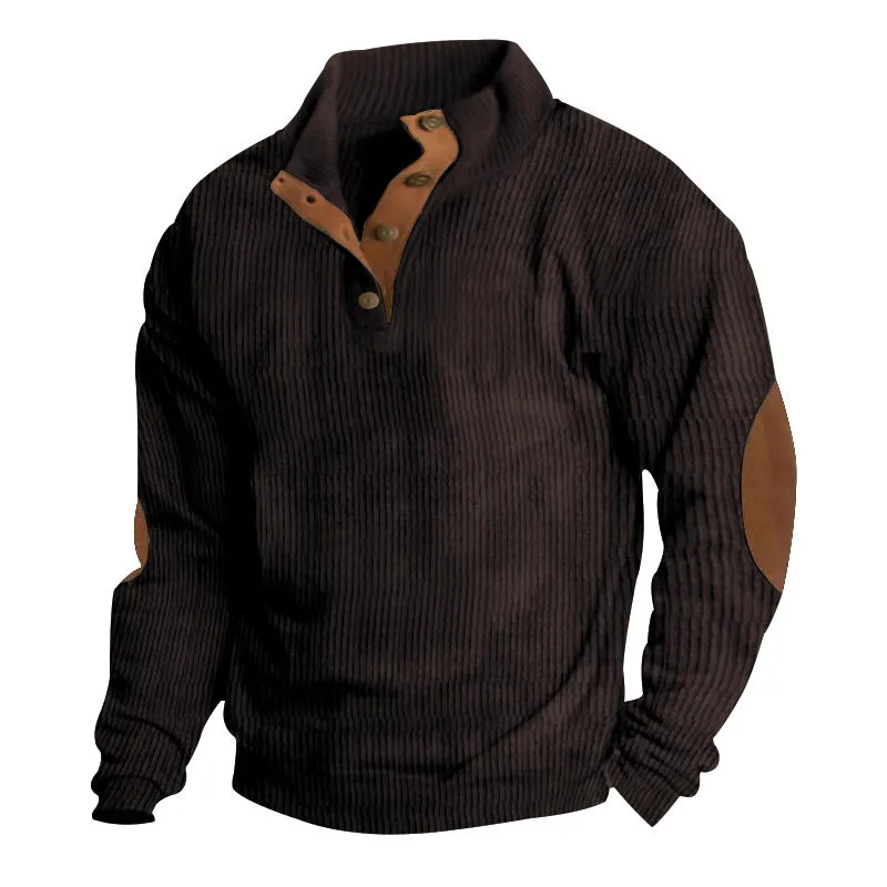 Men's casual stand-collar long sleeve pullover sweatshirt in loose fit, solid colour, polyester fabric