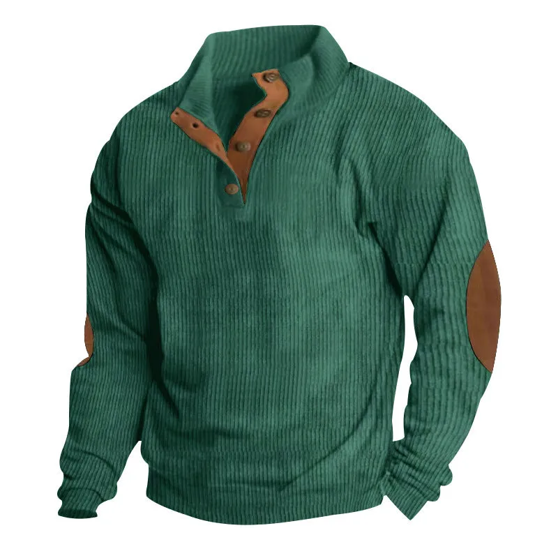 Men's casual stand-collar long sleeve pullover sweatshirt in loose fit, solid colour, polyester fabric