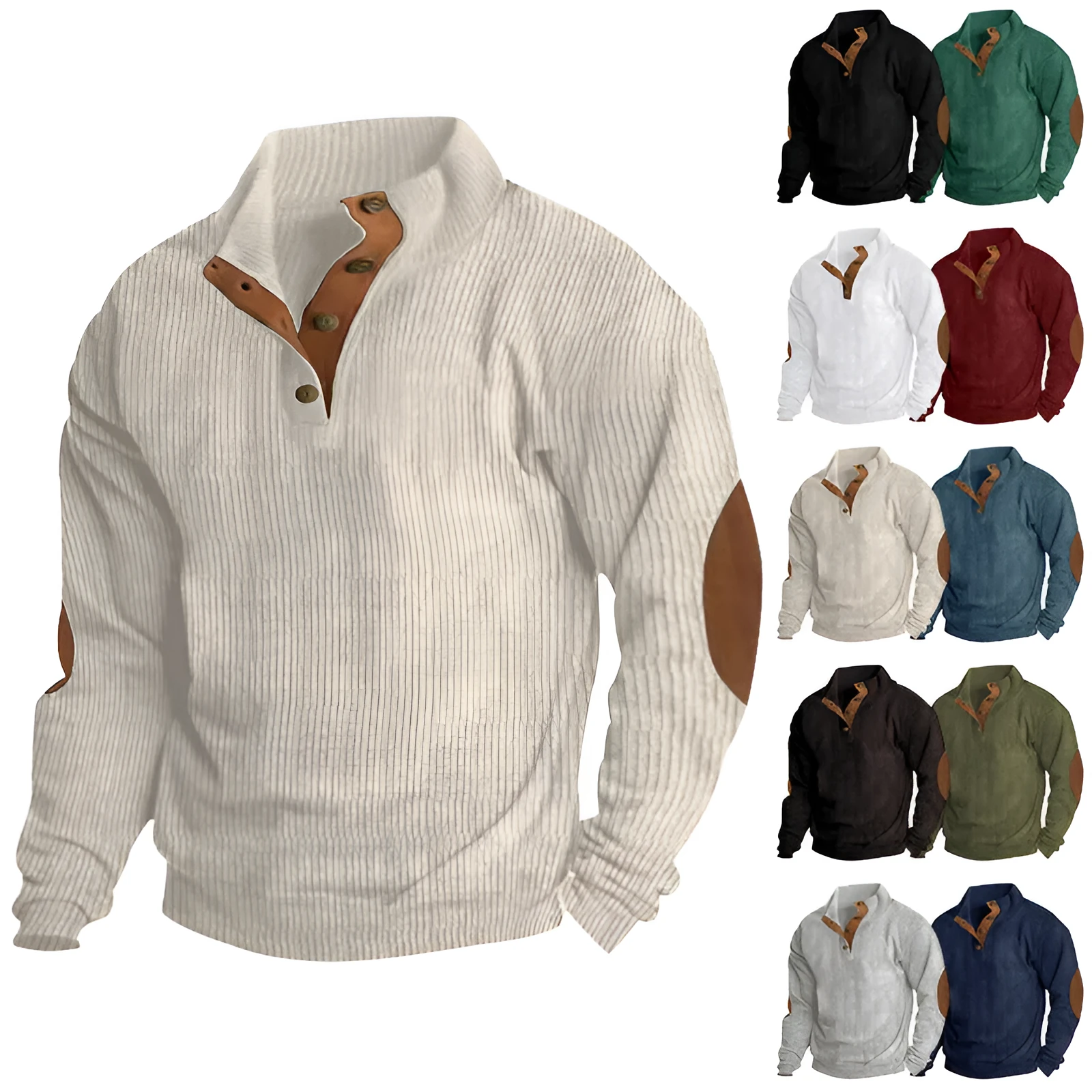 Men's casual stand-collar long sleeve pullover sweatshirt in loose fit, solid colour, polyester fabric