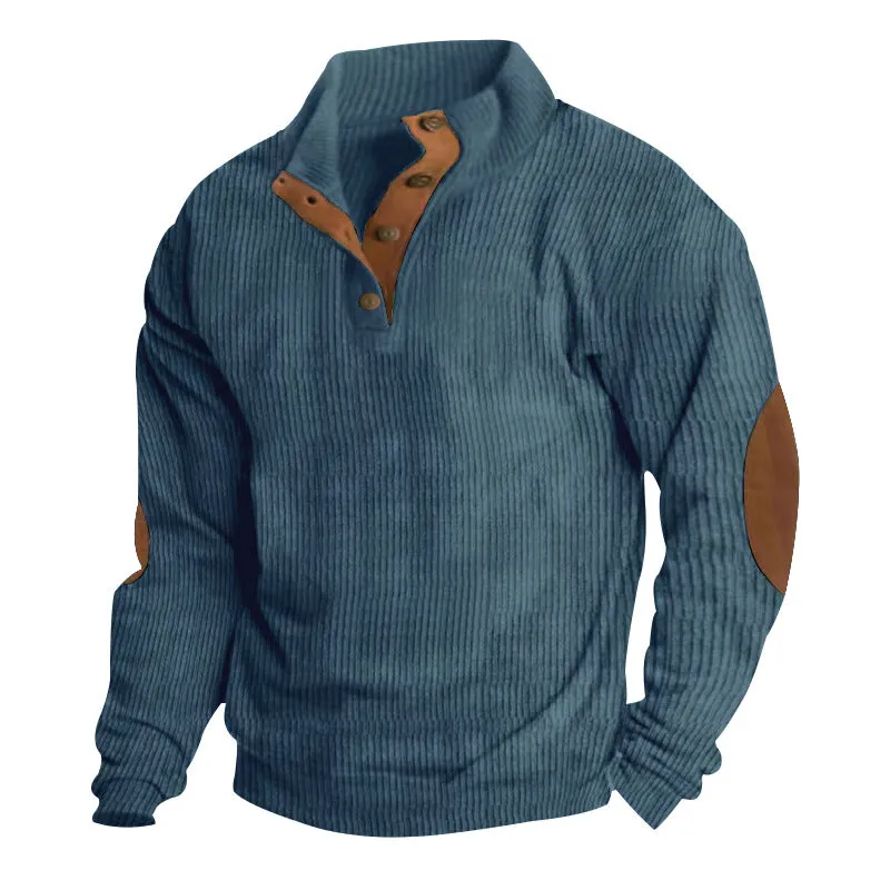 Men's casual stand-collar long sleeve pullover sweatshirt in loose fit, solid colour, polyester fabric