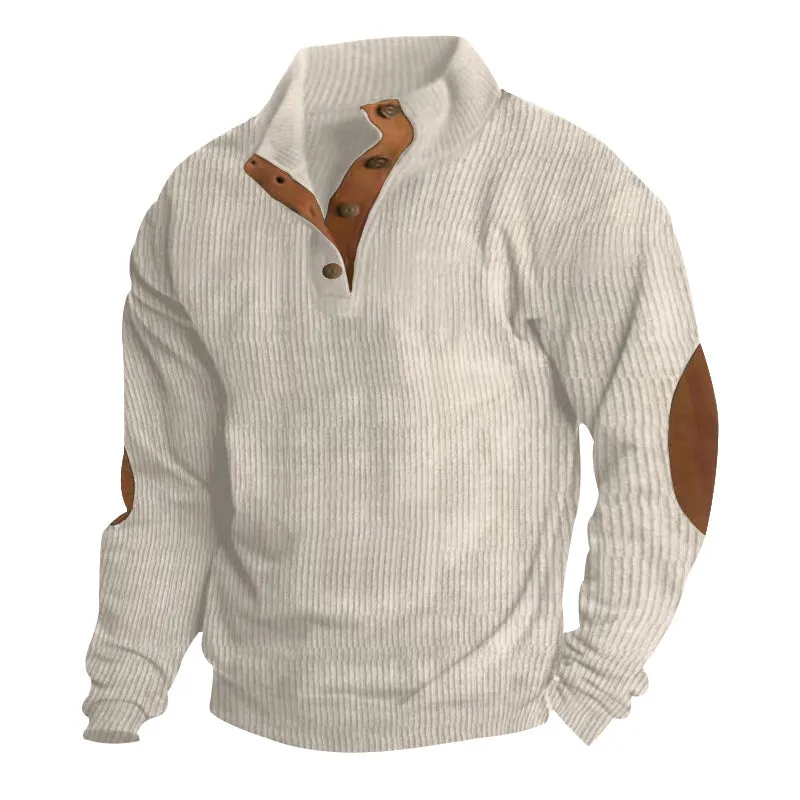 Men's casual stand-collar long sleeve pullover sweatshirt in loose fit, solid colour, polyester fabric