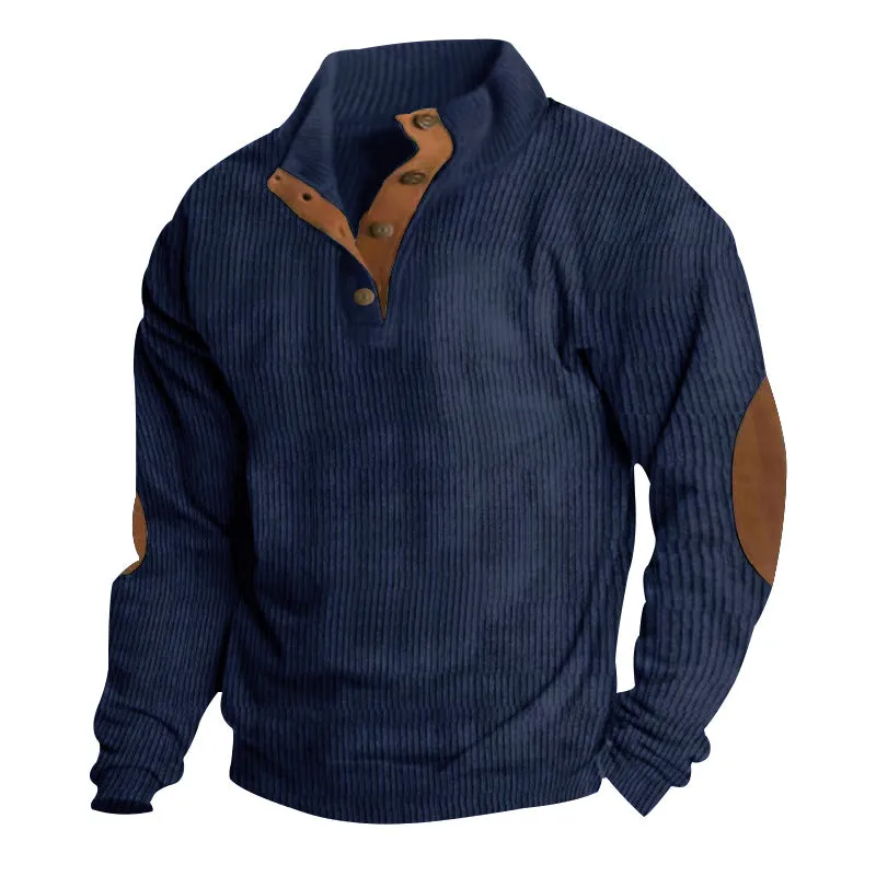 Men's casual stand-collar long sleeve pullover sweatshirt in loose fit, solid colour, polyester fabric