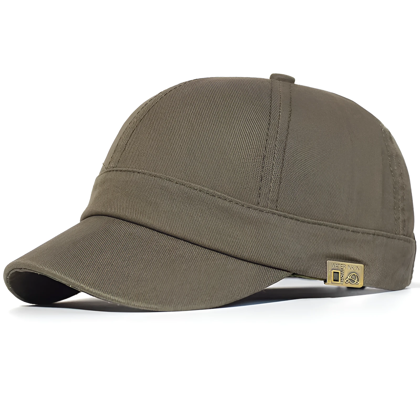 Unstructured cotton dad hat in khaki with short 5.5 cm brim and adjustable strap, front view