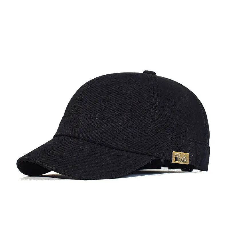 Unstructured cotton dad hat in khaki with short 5.5 cm brim and adjustable strap, front view
