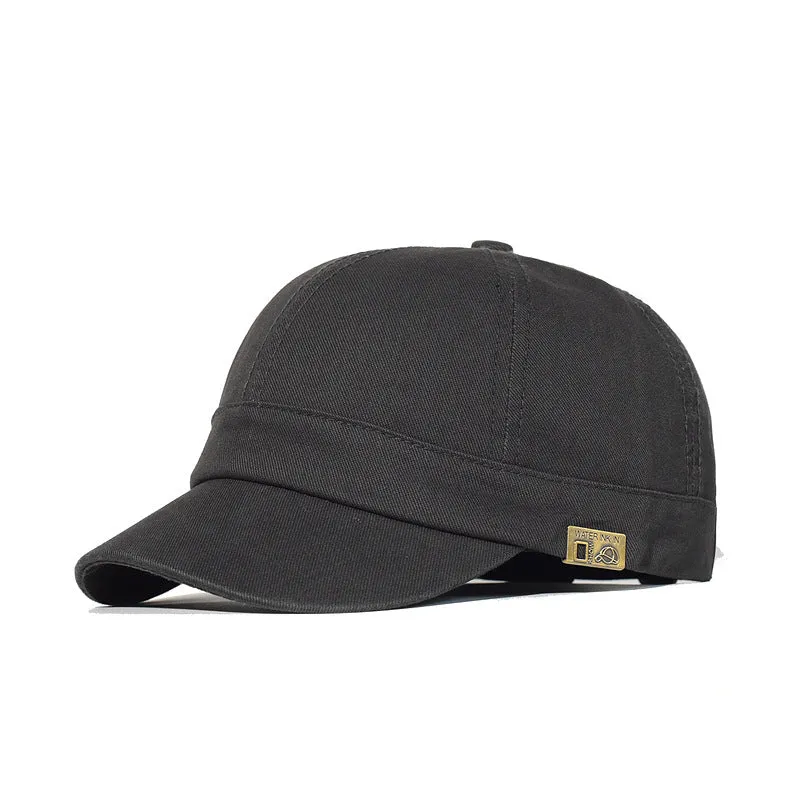 Unstructured cotton dad hat in khaki with short 5.5 cm brim and adjustable strap, front view