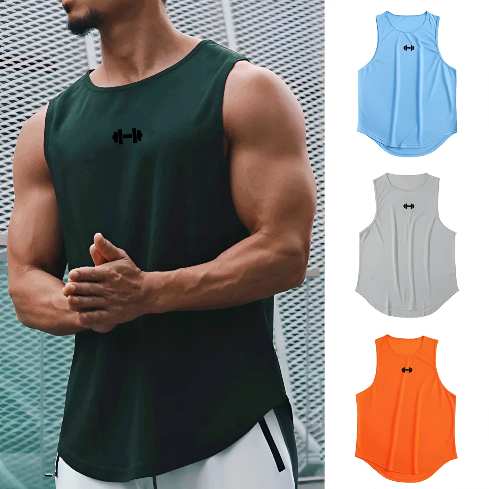 Men's quick-dry vest in solid colour polyester fibre with round hem for sports and summer use