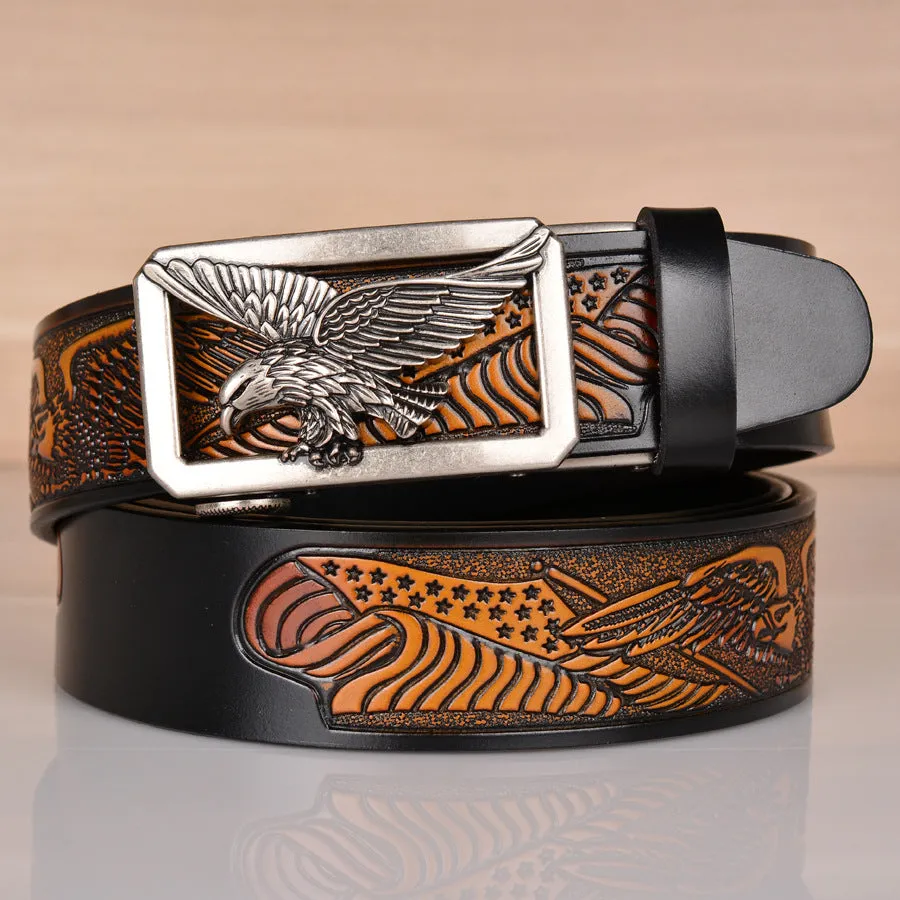 Leather men's belt cowhide eagle embossed automatic buckle 110-130cm black bronze buckle