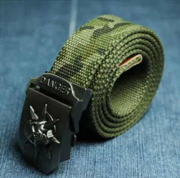 Men's canvas belt with metal skull buckle, available in multiple colours, 110x3.8cm