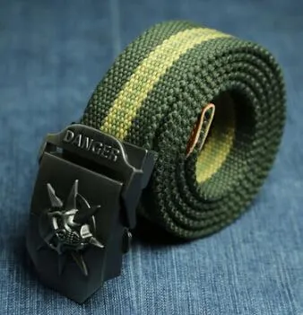 Men's canvas belt with metal skull buckle, available in multiple colours, 110x3.8cm
