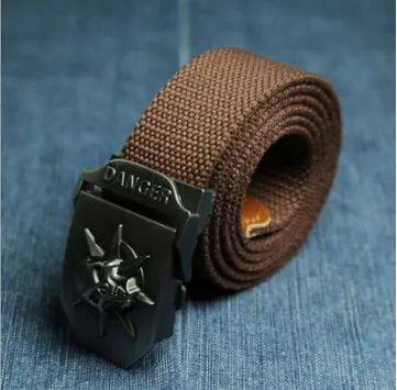 Men's canvas belt with metal skull buckle, available in multiple colours, 110x3.8cm