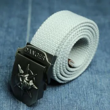 Men's canvas belt with metal skull buckle, available in multiple colours, 110x3.8cm