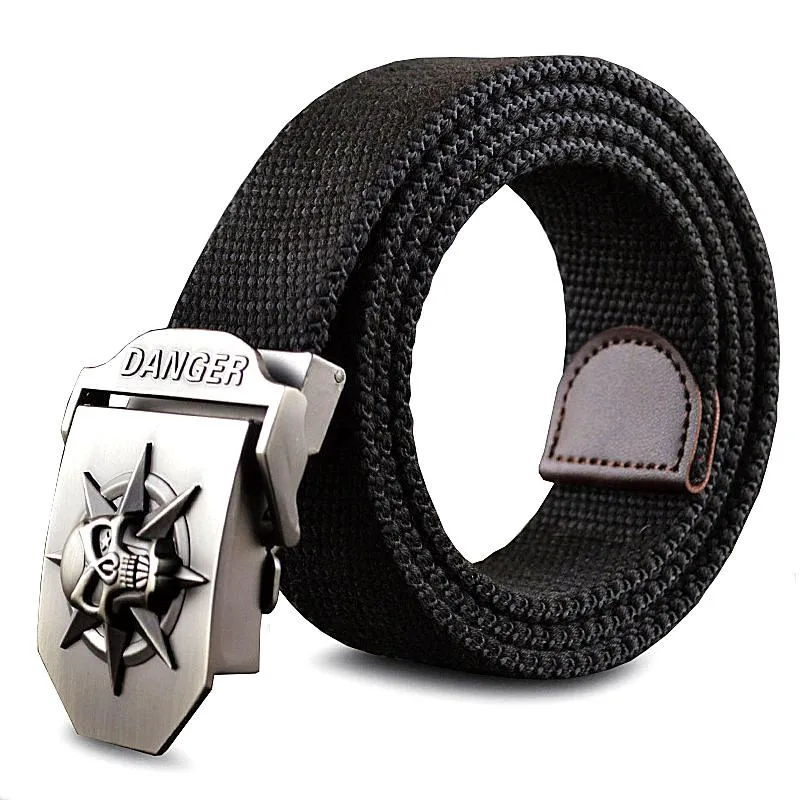 Men's canvas belt with metal skull buckle, available in multiple colours, 110x3.8cm