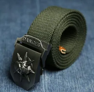 Men's canvas belt with metal skull buckle, available in multiple colours, 110x3.8cm