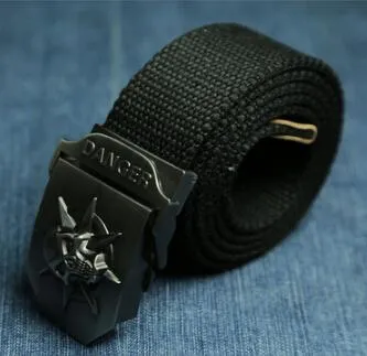 Men's canvas belt with metal skull buckle, available in multiple colours, 110x3.8cm