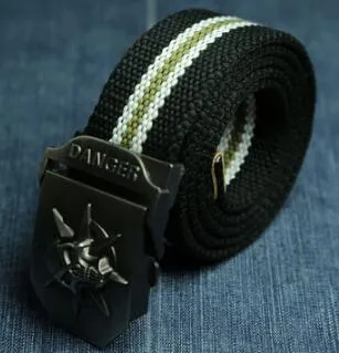Men's canvas belt with metal skull buckle, available in multiple colours, 110x3.8cm