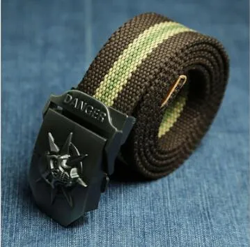 Men's canvas belt with metal skull buckle, available in multiple colours, 110x3.8cm