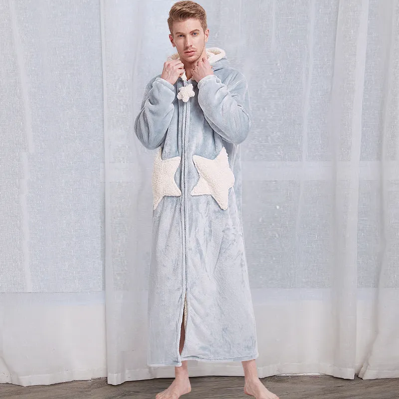 Unisex hooded coral fleece winter bath robe in plain pattern with long sleeves and hood