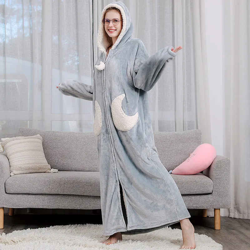 Unisex hooded coral fleece winter bath robe in plain pattern with long sleeves and hood