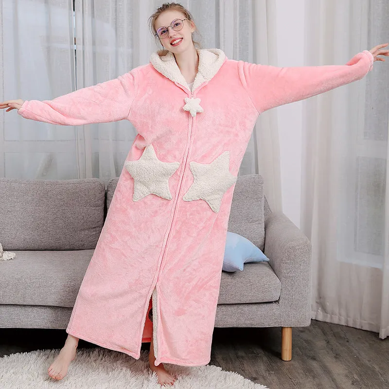 Unisex hooded coral fleece winter bath robe in plain pattern with long sleeves and hood