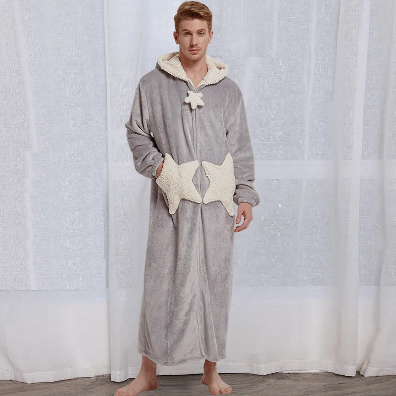 Unisex hooded coral fleece winter bath robe in plain pattern with long sleeves and hood