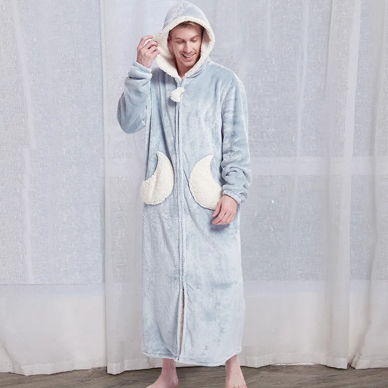Unisex hooded coral fleece winter bath robe in plain pattern with long sleeves and hood
