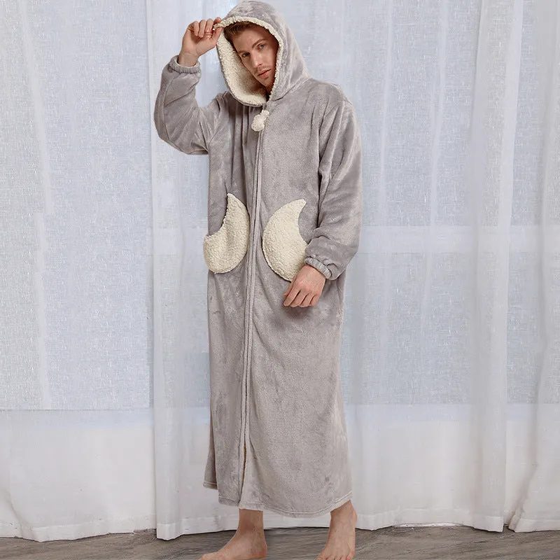 Unisex hooded coral fleece winter bath robe in plain pattern with long sleeves and hood