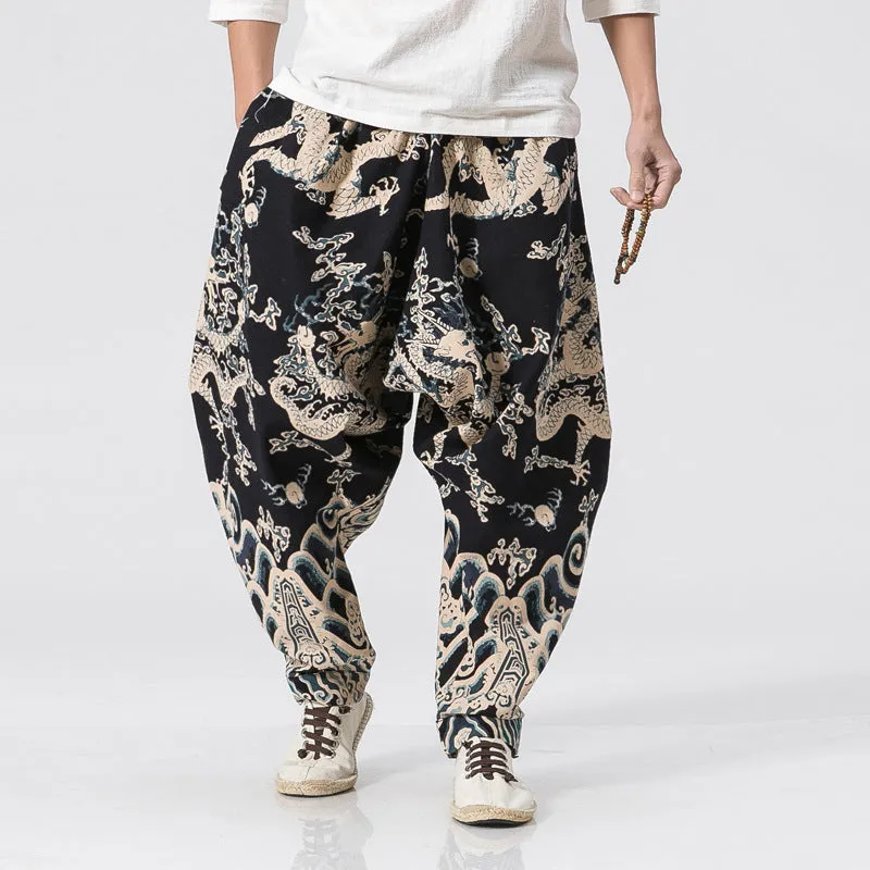 Men's dragon print harem trousers with elastic waist, loose length, available in multiple sizes