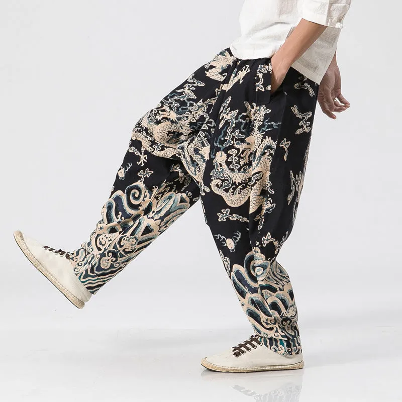 Men's dragon print harem trousers with elastic waist, loose length, available in multiple sizes