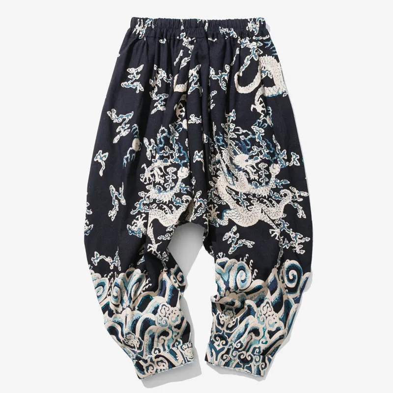 Men's dragon print harem trousers with elastic waist, loose length, available in multiple sizes