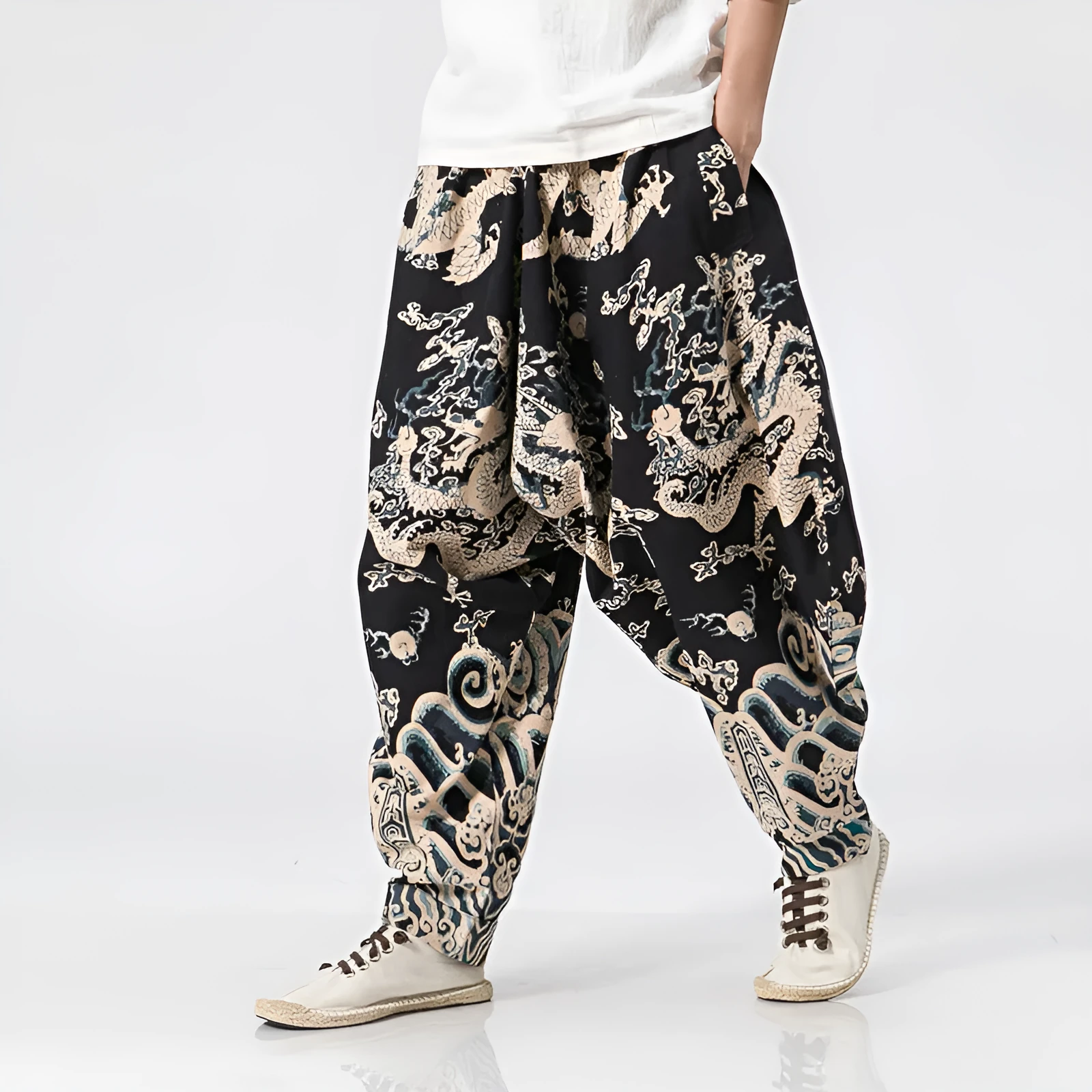 Men's dragon print harem trousers with elastic waist, loose length, available in multiple sizes