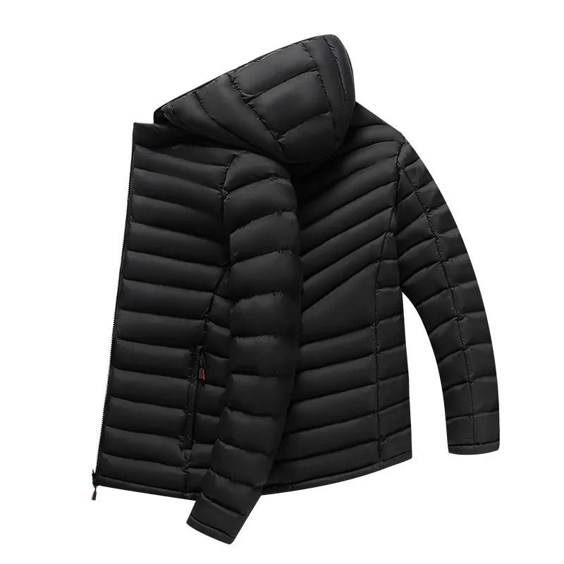 Men's lightweight solid-colour hooded down jacket with a detachable collar and zipper pockets.