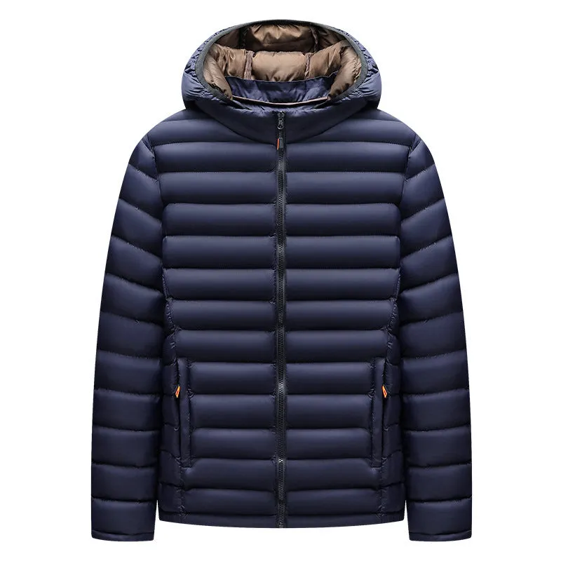 Men's lightweight solid-colour hooded down jacket with a detachable collar and zipper pockets.