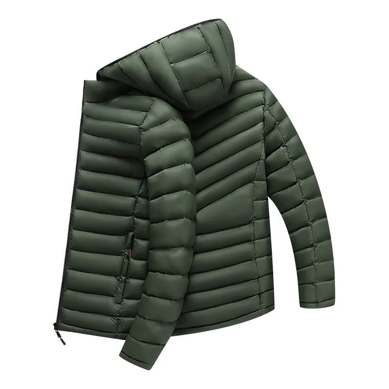 Men's lightweight solid-colour hooded down jacket with a detachable collar and zipper pockets.