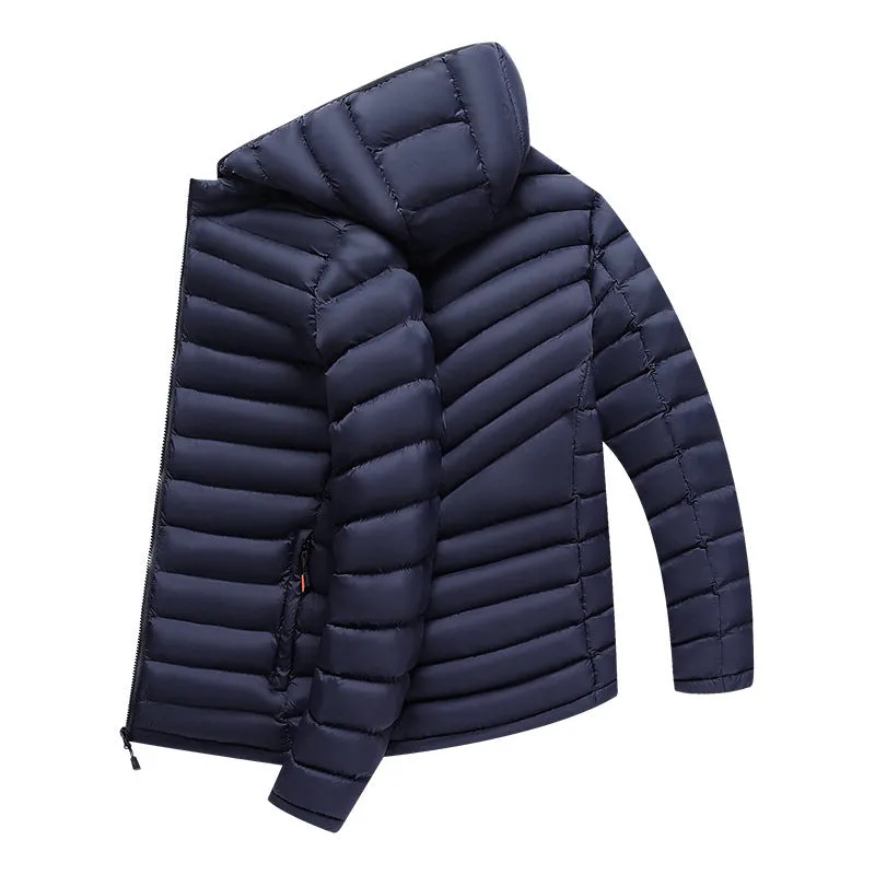 Men's lightweight solid-colour hooded down jacket with a detachable collar and zipper pockets.