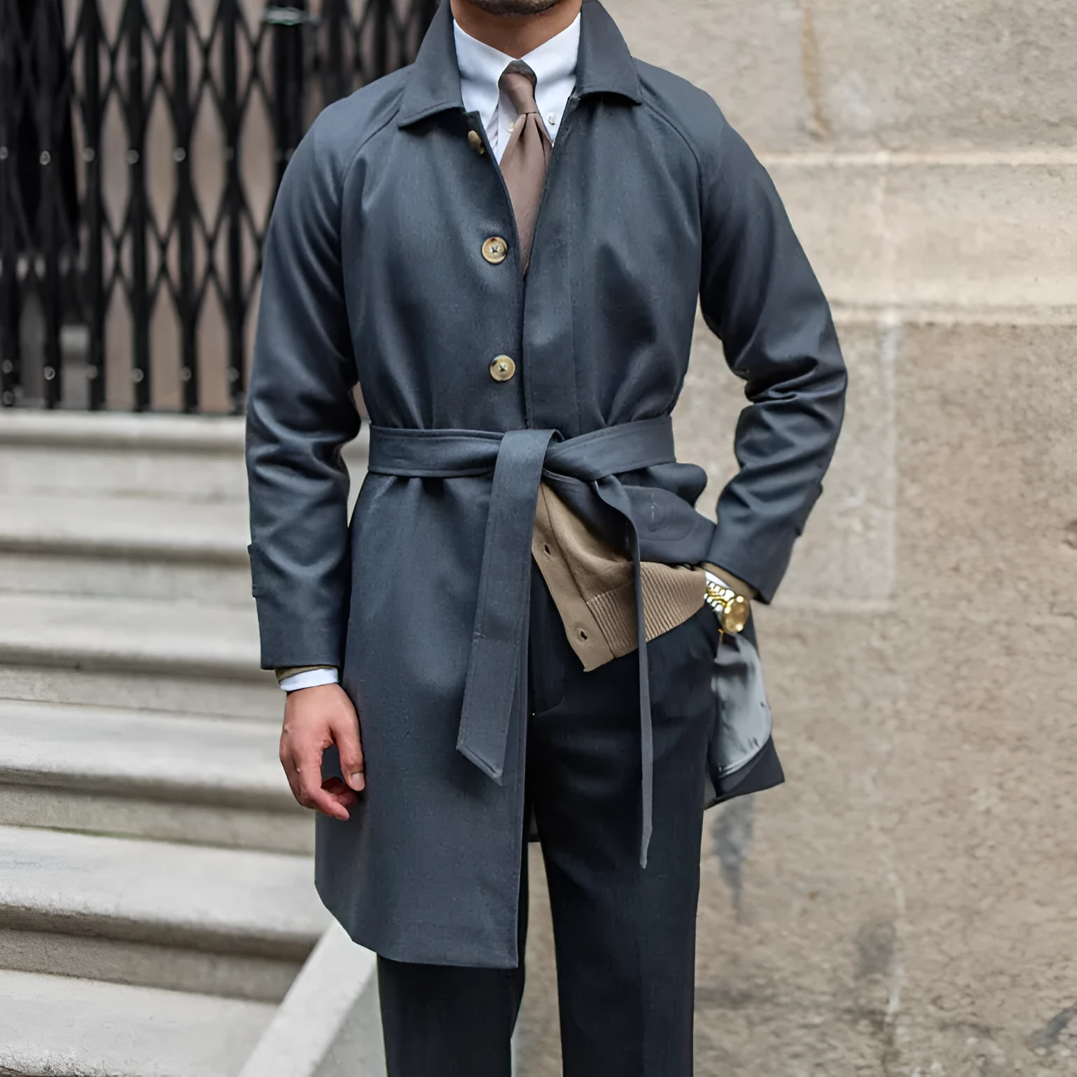Wool winter trench coat single-breasted in dark blue, 70% polyester 30% wool leisure style