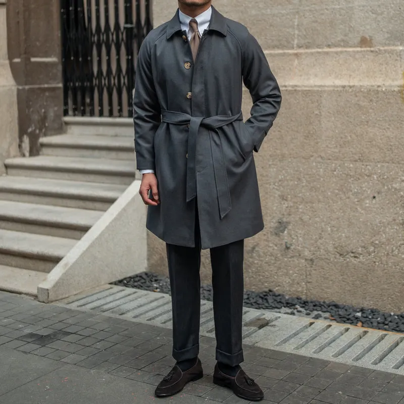 Wool winter trench coat single-breasted in dark blue, 70% polyester 30% wool leisure style