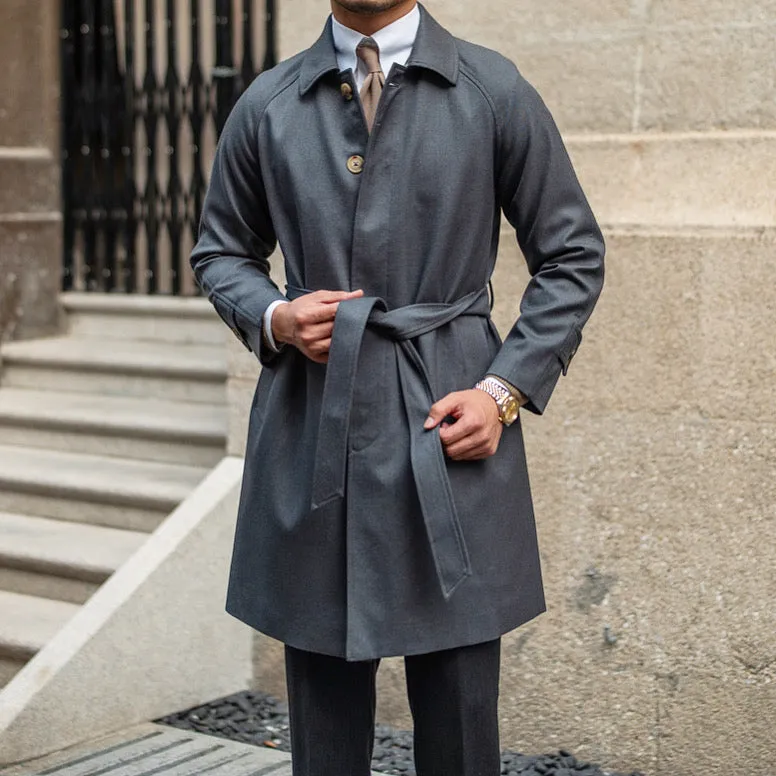 Wool winter trench coat single-breasted in dark blue, 70% polyester 30% wool leisure style