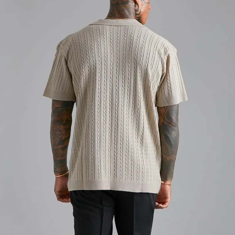 Men's knitted button short-sleeved shirt in Silver Gray solid colour, slim fit, cotton blend fabric