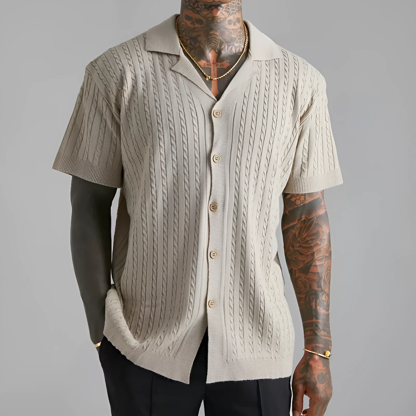 Men's knitted button short-sleeved shirt in Silver Gray solid colour, slim fit, cotton blend fabric
